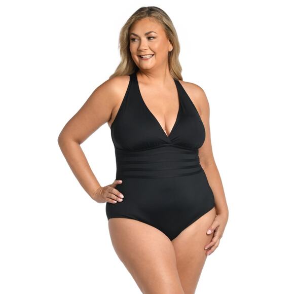 LA BLANCA Island Goddess One Piece Swimsuit 22W Black Multi-Strap Cross-Back - Picture 1 of 11